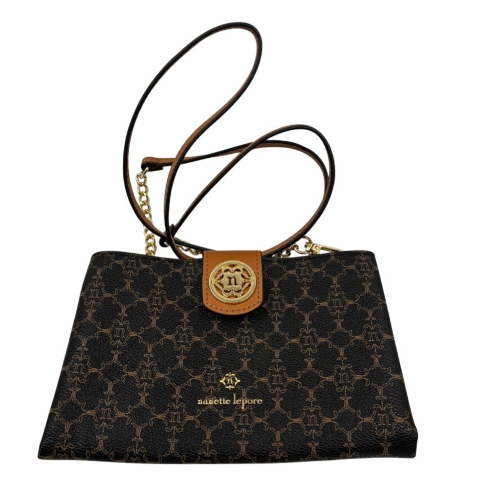 Nanette Lepore Brown Monogram Crossbody Bag Wristlet Gold Hardware Triple Pocket